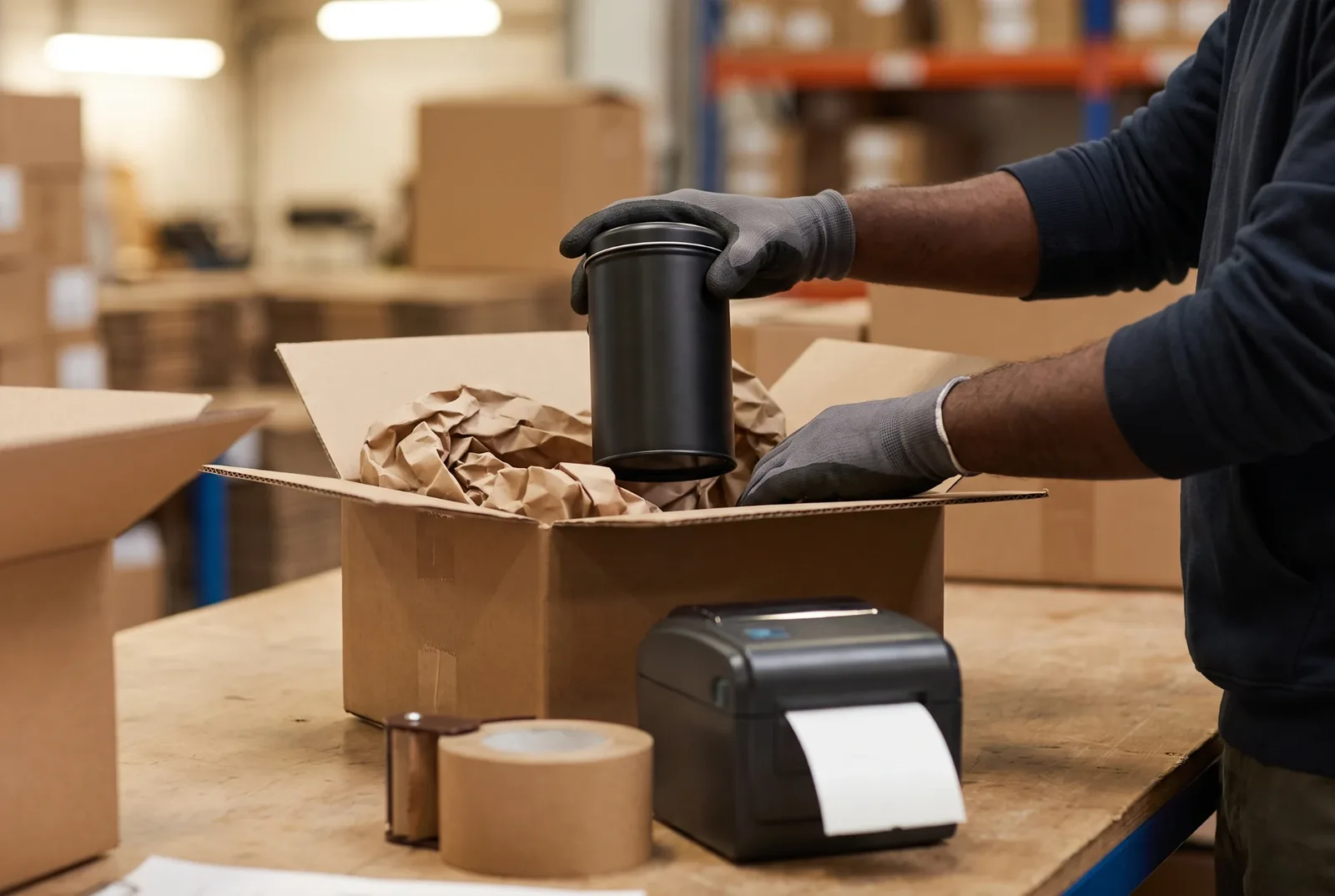Packtisch im Versandlager: Hände in grauen Handschuhen legen eine schwarze Dose in einen Karton mit Packpapier, daneben Klebeband und ein Etikettendrucker