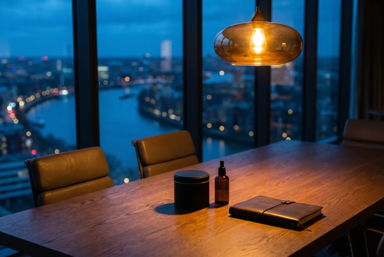 Ruhiger Besprechungsraum am Abend mit langem Eichentisch, darauf eine schwarze Dose, eine Braunglasflasche und ein Notizbuch, dahinter Fenster mit Blick auf Fluss und Stadtlichter
