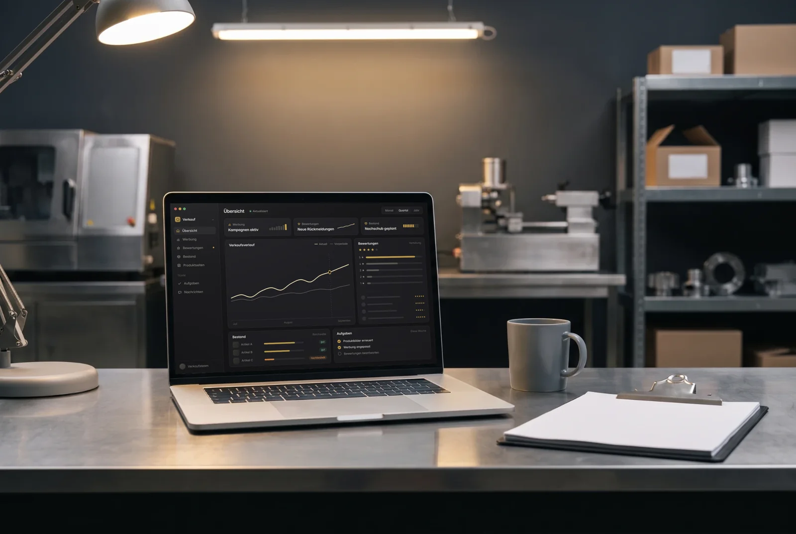 Aufgeklappter Laptop auf einer Werkbank in einer kleinen Produktionshalle, daneben eine Tasse und ein Klemmbrett, im Hintergrund Maschinen und Regale