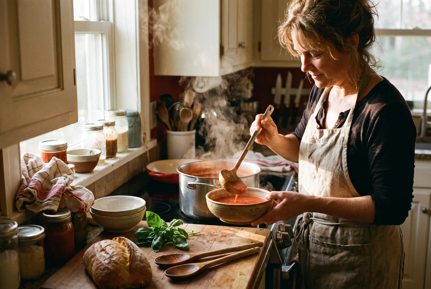 Frau schöpft dampfende Tomatensuppe in eine Schüssel