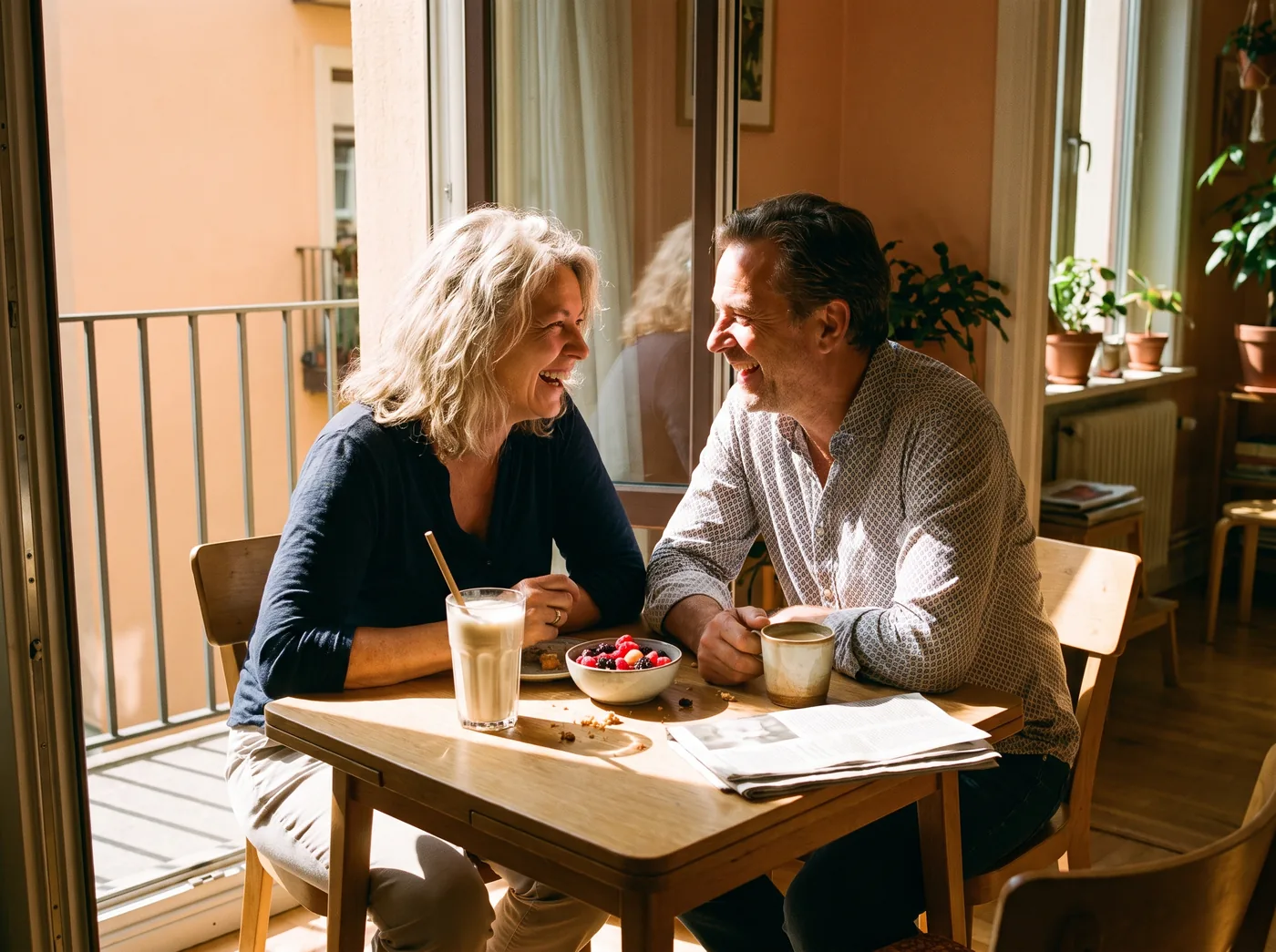 Zwei Freunde lachen beim Frühstück am sonnigen Tisch, davor ein Glas Vanille-Shake