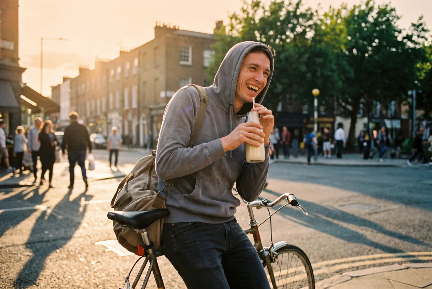 Junger Mann am Fahrrad lacht und trinkt einen Shake aus einer Glasflasche