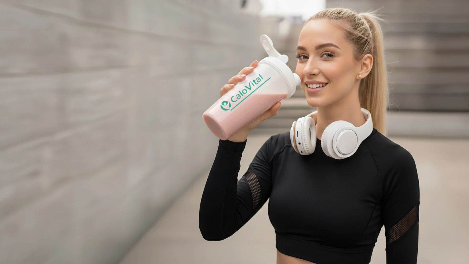Lächelnde Frau mit Shaker, Kopfhörer um den Hals