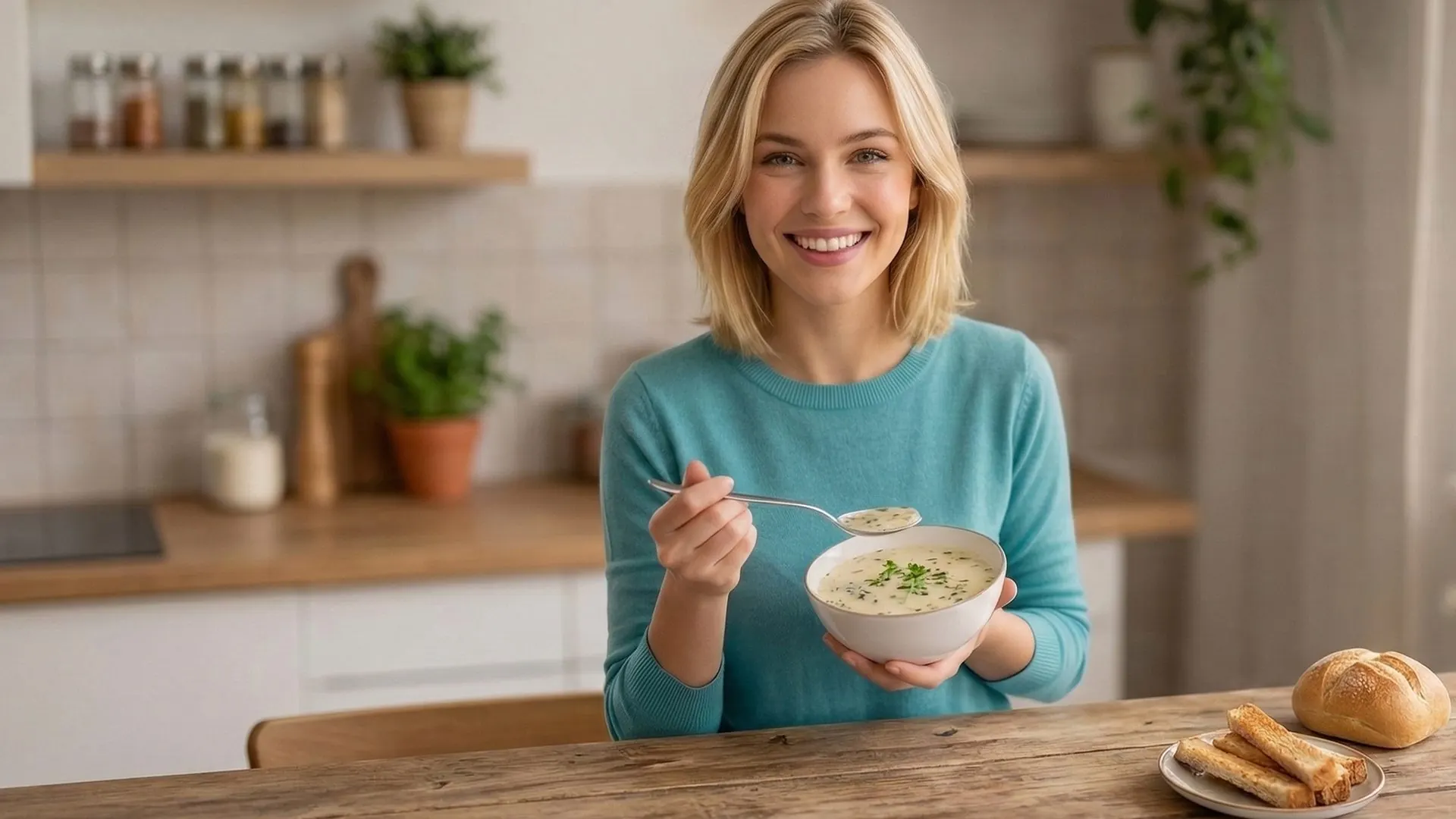 Lächelnde Frau mit einer Schale Suppe an einem Holztisch in einer hellen Küche