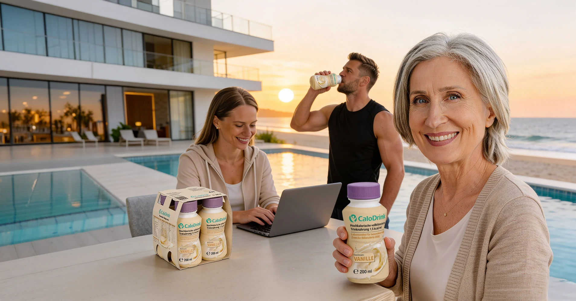 Drei Erwachsene am Pool bei Sonnenuntergang, eine Frau hält eine Flasche CaloDrink Vanille, auf dem Tisch ein Viererpack