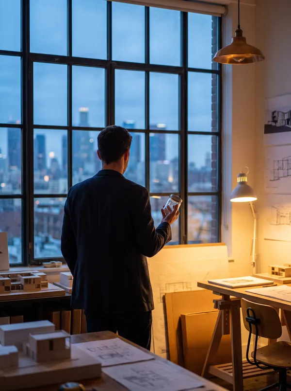 Person von hinten am Atelierfenster mit einem Glas in der Hand, Blick über die Stadt am Abend