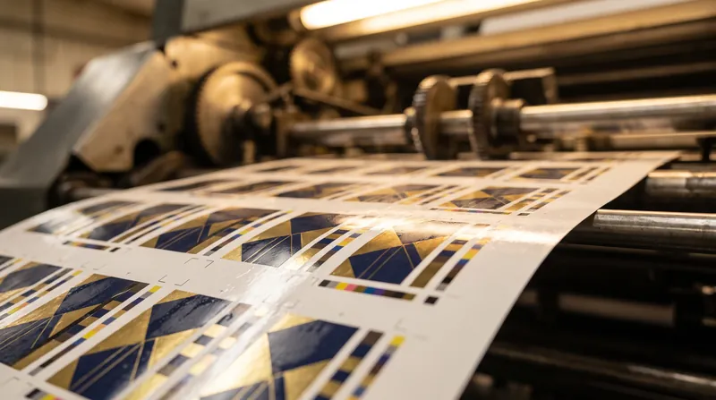 Frisch bedruckter Bogen mit Farbkontrollstreifen läuft aus der Druckmaschine