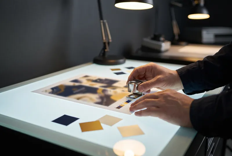 Hände mit Fadenzähler über einer Druckprobe auf dem Leuchttisch, daneben Farbmuster in Marine und Gold