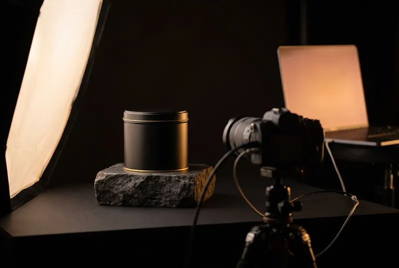 Schwarze Dose auf einem Steinsockel im Fotostudio, Softbox links, Kamera auf dem Stativ
