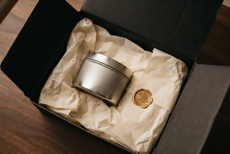 Geöffneter schwarzer Versandkarton mit Seidenpapier, einer Dose und einem goldenen Siegel