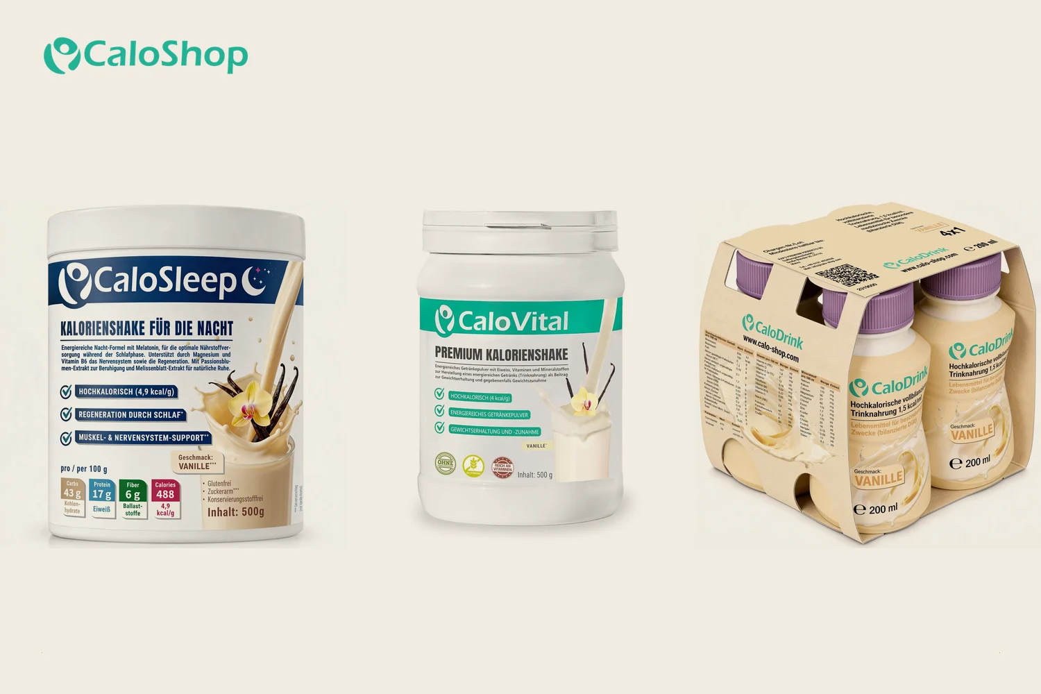 CaloSleep, CaloVital und CaloDrink nebeneinander